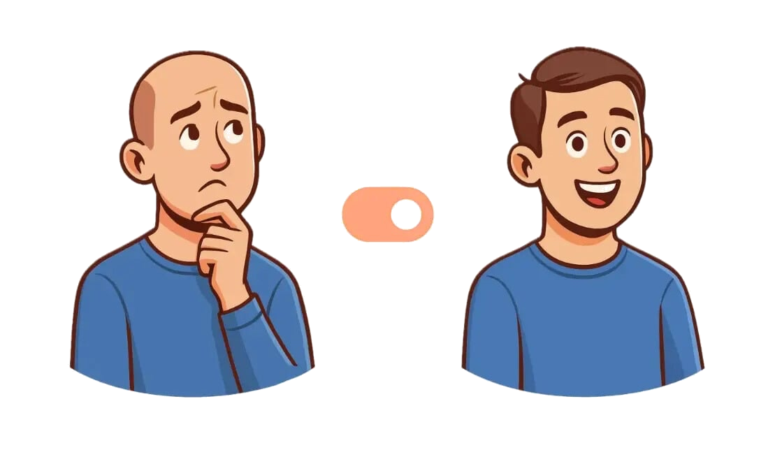 Grafto mascot — before and after hair restoration